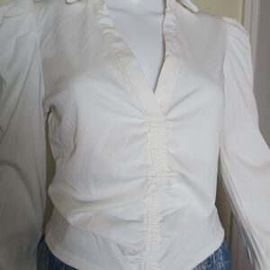 Natural Steps White Ruched V-Neck Button Down Top